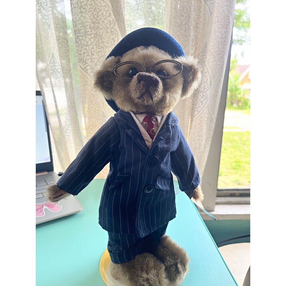 Vintage Brass Button Baxter 12in Plush Bear 1999 Fully Jointed w/ Hat Glasses